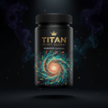 TITAN Probiotics supplement bottle with Crown Edition matte black and gold packaging featuring vibrant microbiome galaxy artwork in teal, coral, and lime green