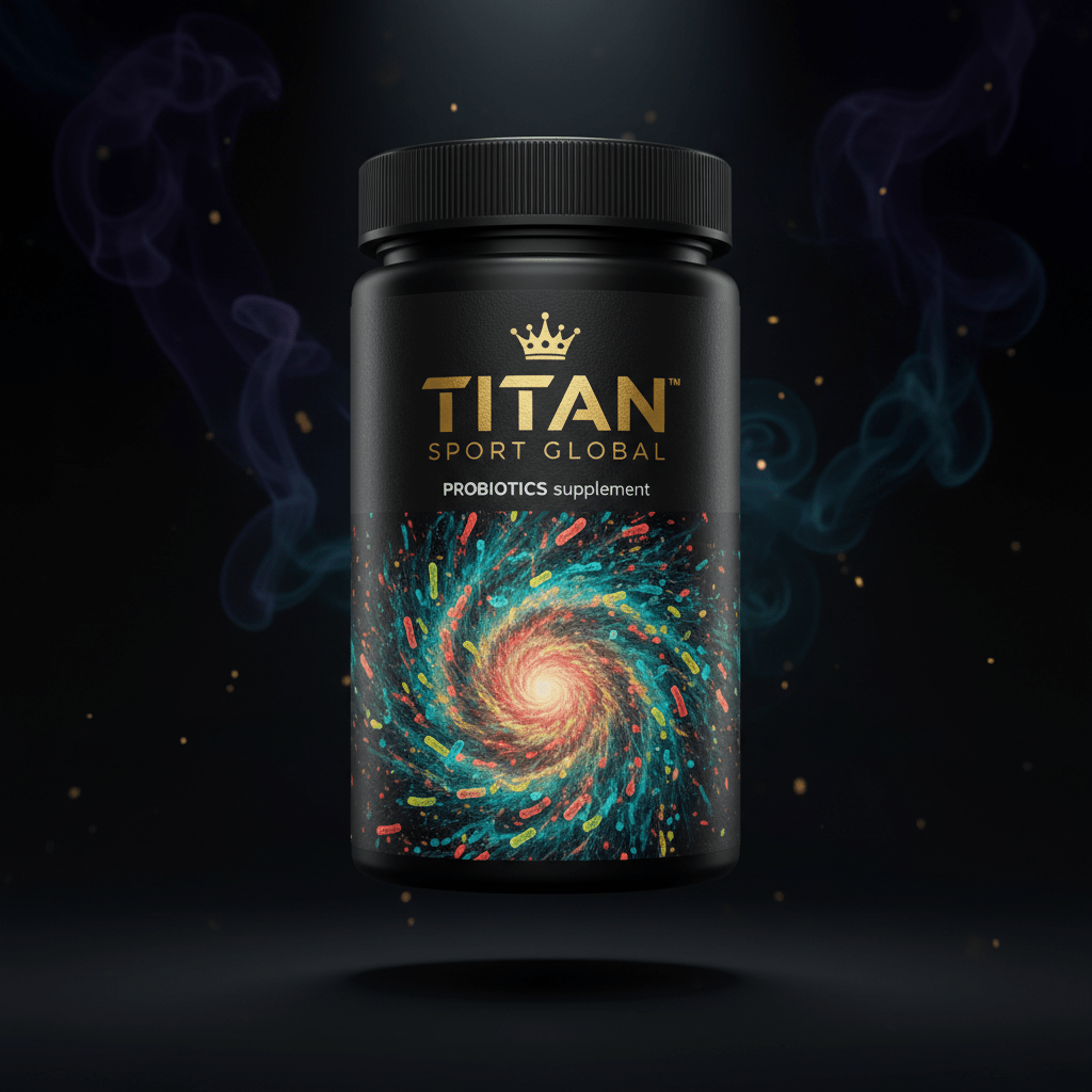 TITAN Probiotics supplement bottle with Crown Edition matte black and gold packaging featuring vibrant microbiome galaxy artwork in teal, coral, and lime green