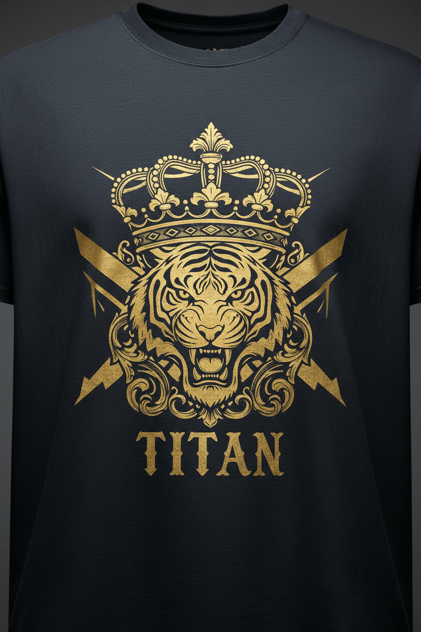 TITAN Tiger Crown Graphic Tee in Charcoal Gold with gold tiger crown graphic