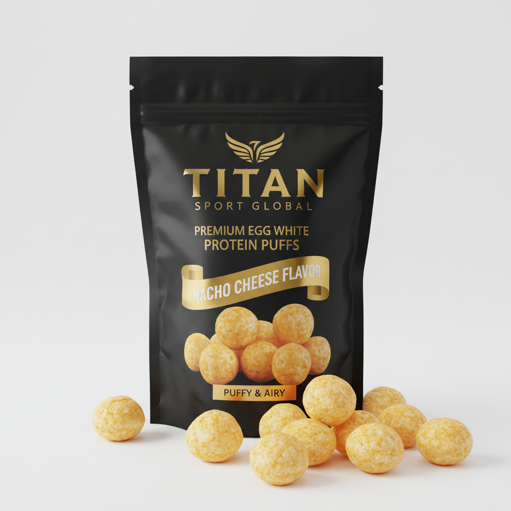 TITAN Egg White Protein Puffs Nacho Cheese — matte black pouch