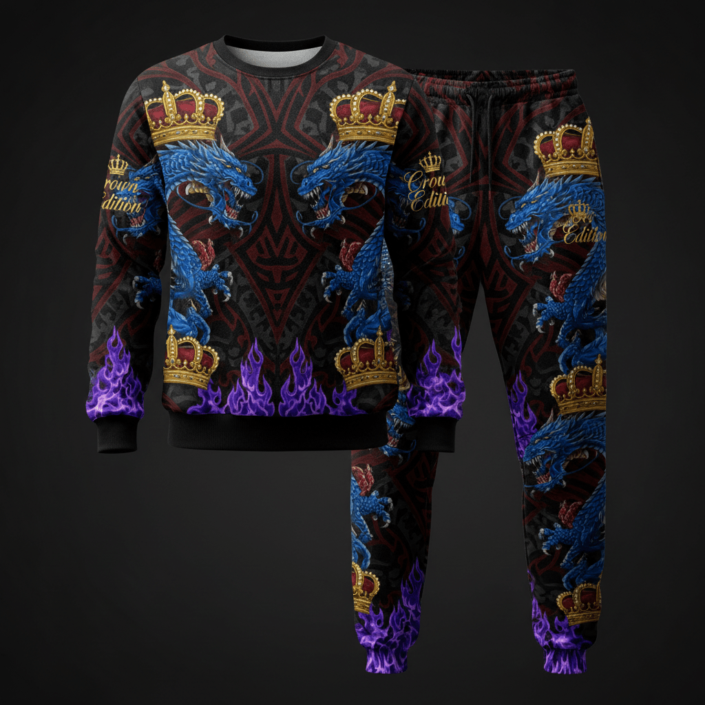 TITAN Crown Edition Tattoo Art Men's Lounge Matching Set - bold dragon flame tattoo artwork on matte black fleece