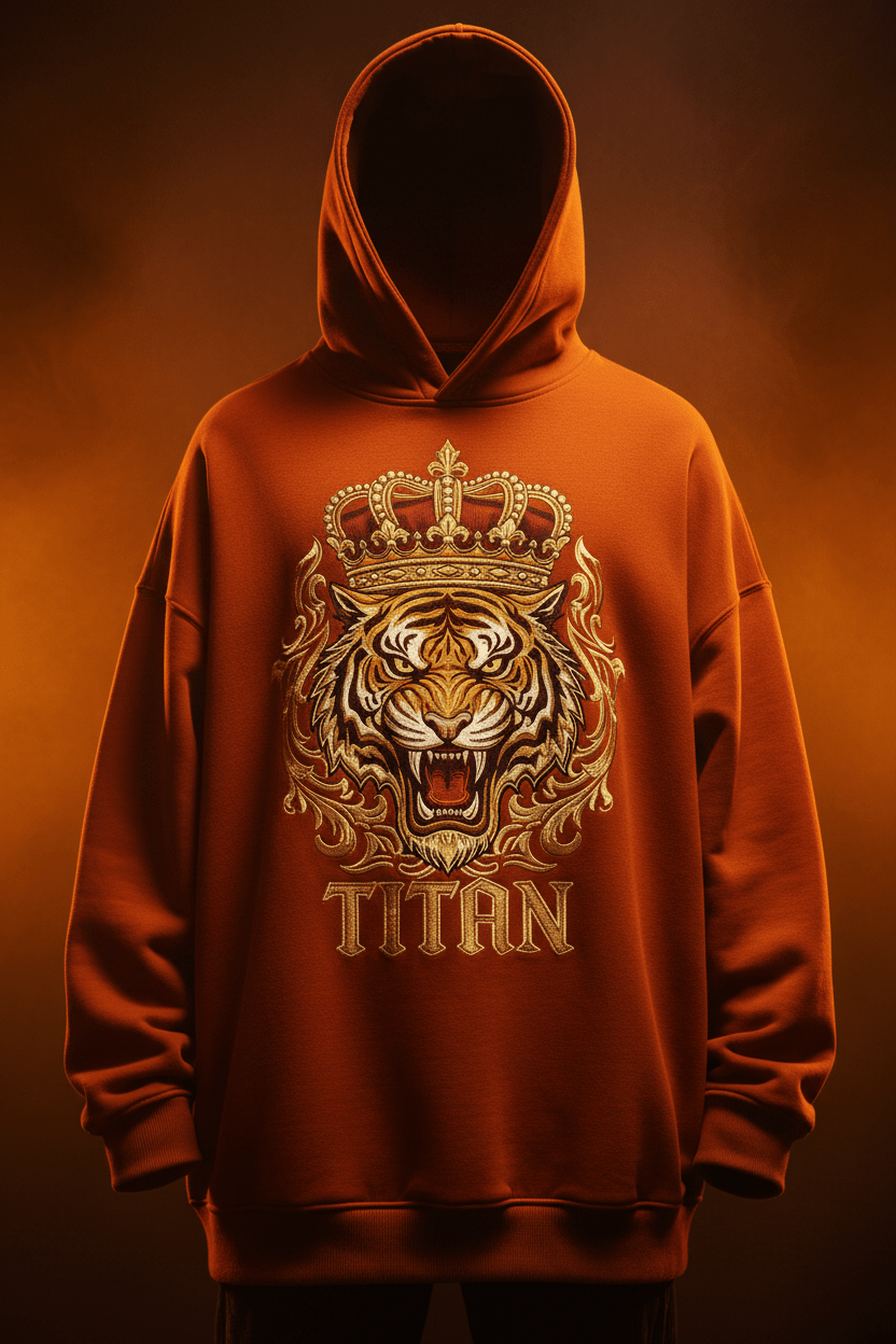 TITAN Tiger Crown Oversized Hoodie in Burnt Orange with gold tiger crown graphic