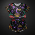 TITAN Crown Edition Tattoo Art Women's Summer Lounge Pajama Set - bold celestial rose tattoo artwork on matte black satin