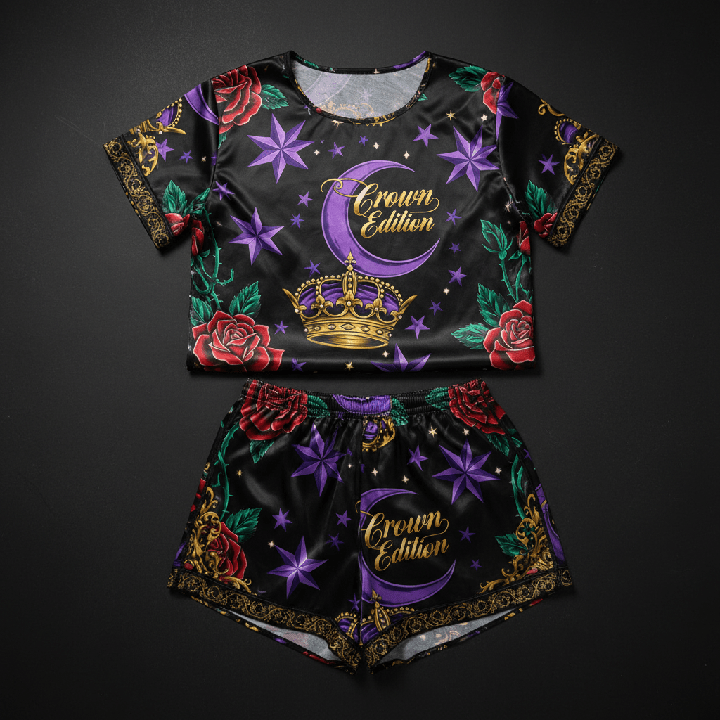 TITAN Crown Edition Tattoo Art Women's Summer Lounge Pajama Set - bold celestial rose tattoo artwork on matte black satin
