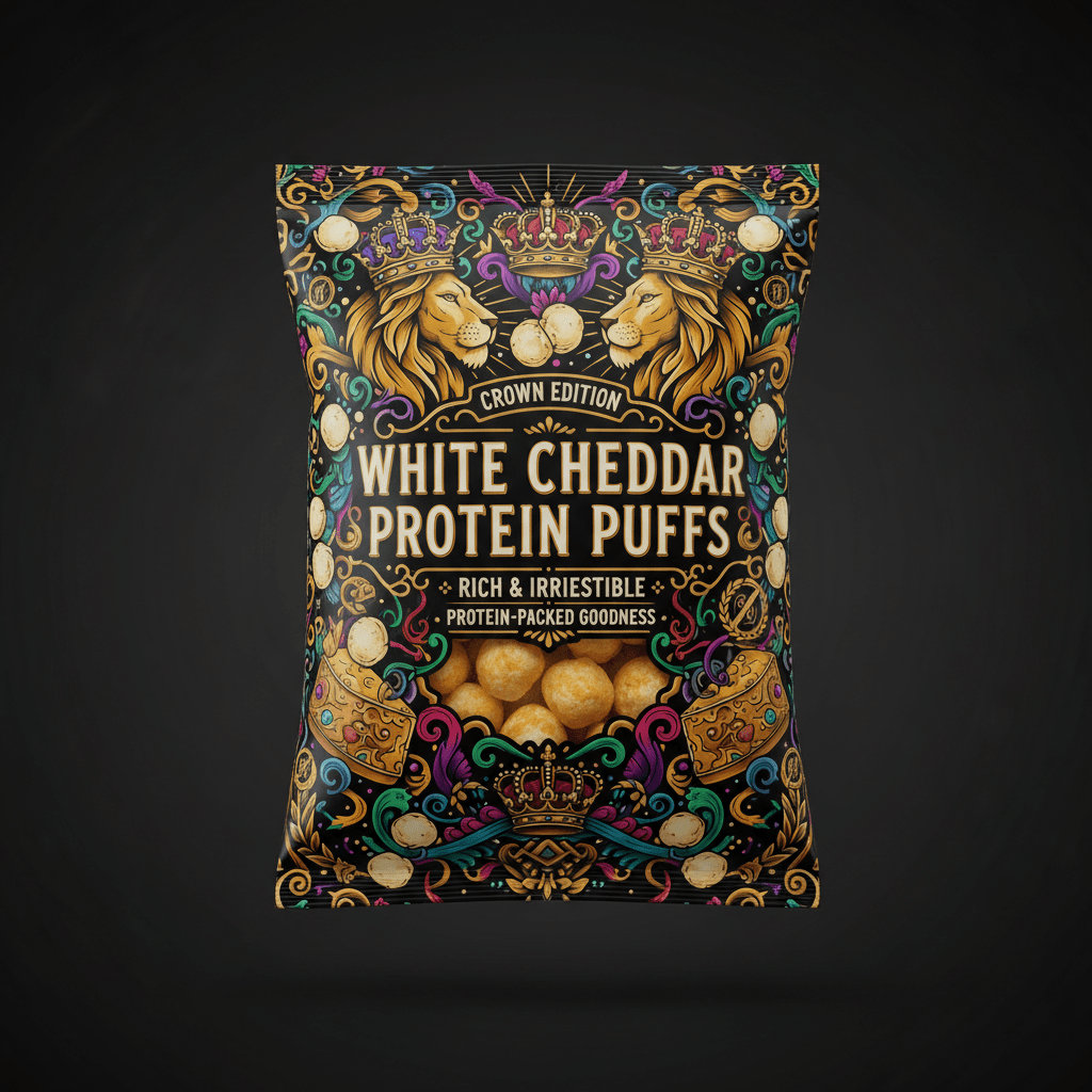 TITAN Protein Puffs White Cheddar — Crown Edition bold tattoo-style artwork