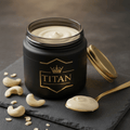 TITAN Cashew Butter Smooth & Creamy Crown Edition — premium wide-mouth black glass jar product shot