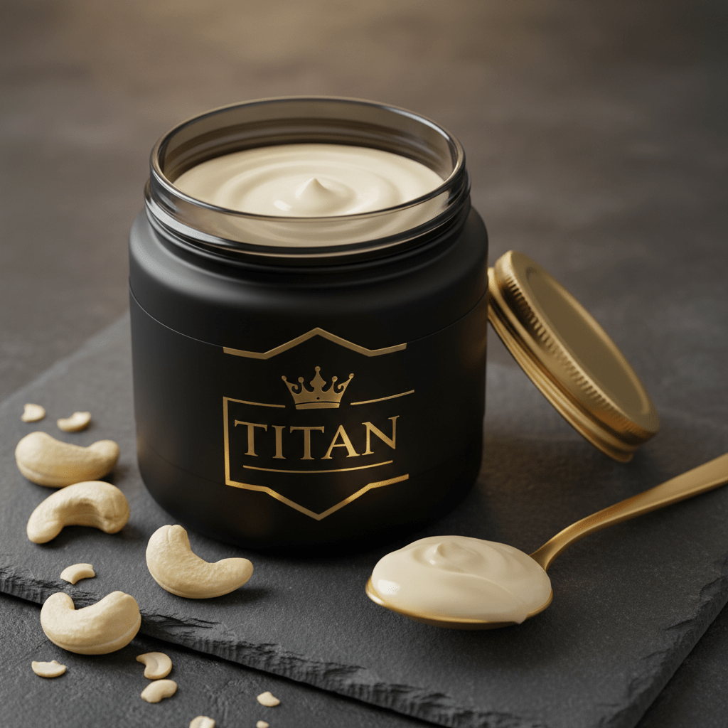 TITAN Cashew Butter Smooth & Creamy Crown Edition — premium wide-mouth black glass jar product shot