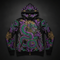 TITAN Printed Zip-Up Hoodie — Dragon tattoo-style artwork in electric purple and emerald green with gold crown accents