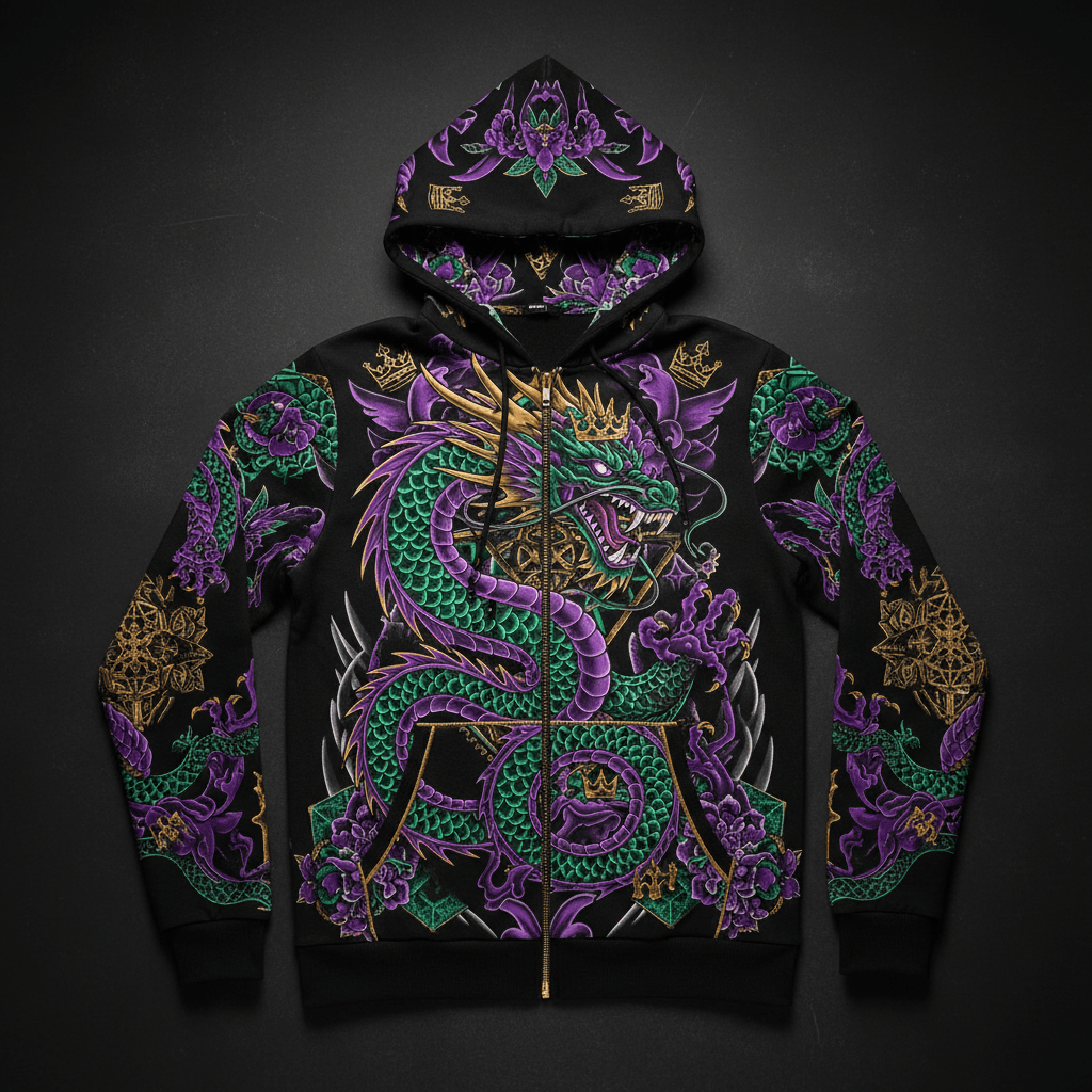 TITAN Printed Zip-Up Hoodie — Dragon tattoo-style artwork in electric purple and emerald green with gold crown accents