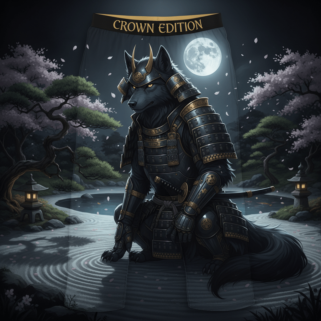 TITAN Shogun Wolf Zen Men's Lounge Pants Crown Edition — wolf in Shogun armor in zen garden anime art on matte black