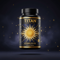 TITAN Vitamin D3+K2 supplement bottle with Crown Edition matte black and gold packaging featuring blazing geometric sun ray artwork in solar gold and royal blue