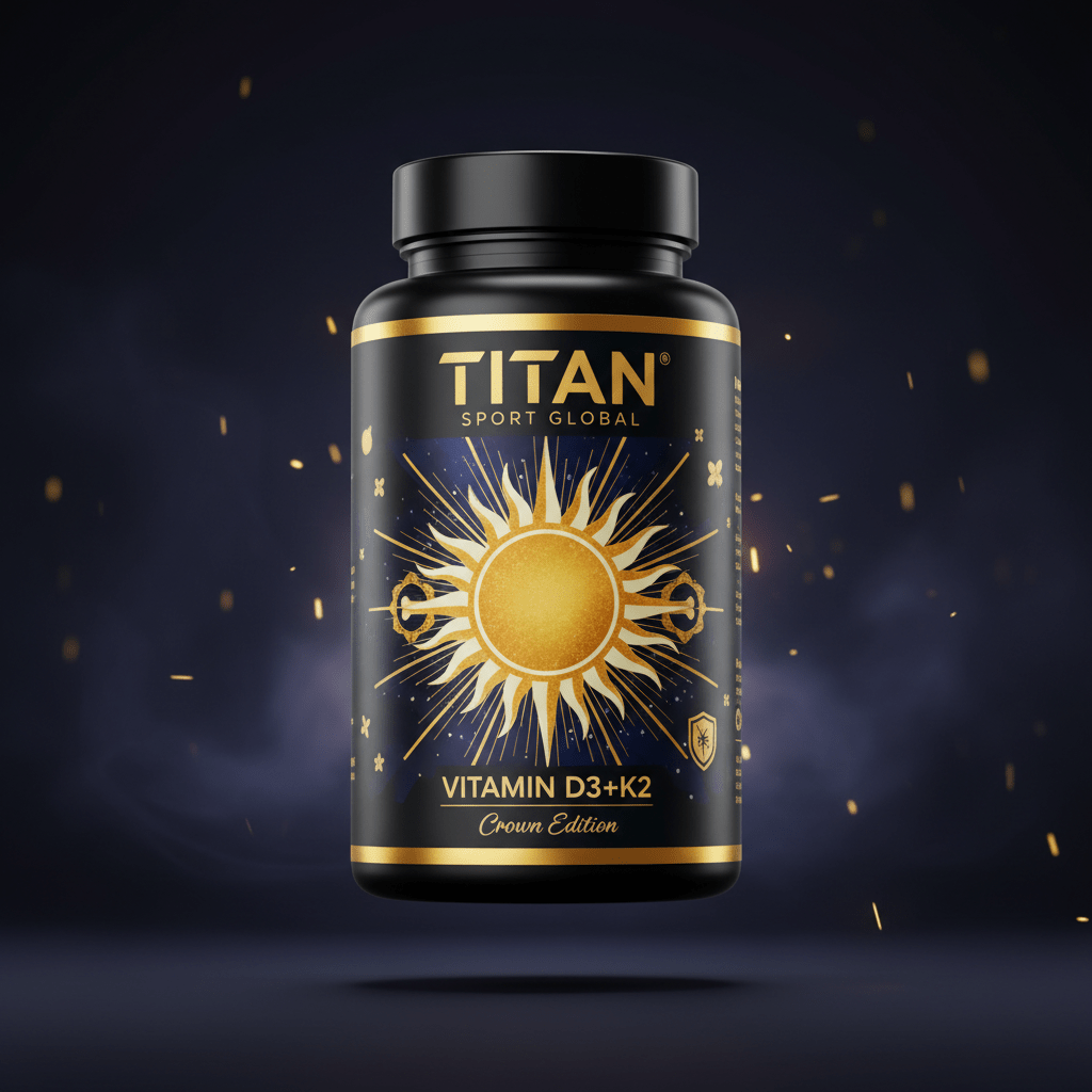 TITAN Vitamin D3+K2 supplement bottle with Crown Edition matte black and gold packaging featuring blazing geometric sun ray artwork in solar gold and royal blue