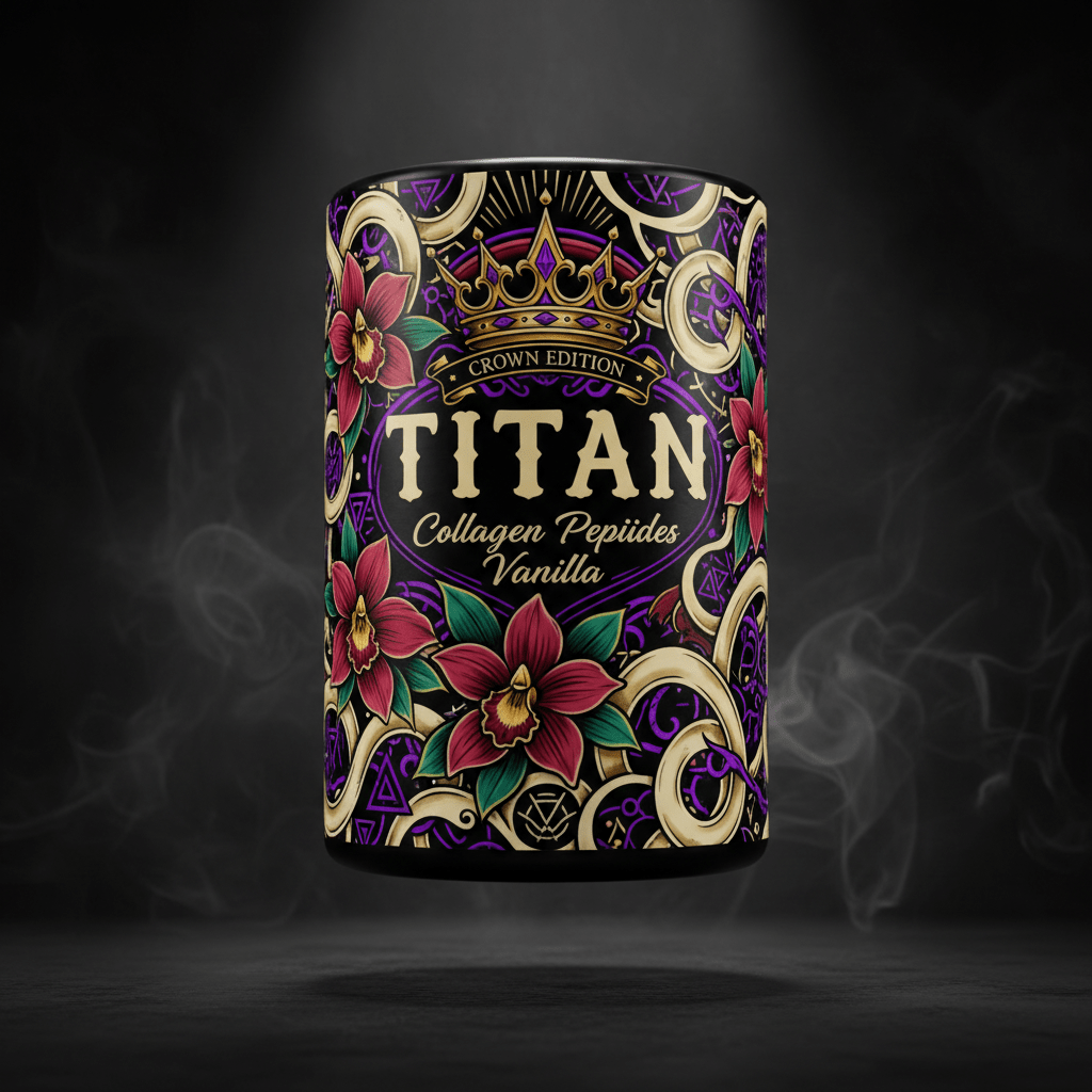 TITAN Collagen Peptides Vanilla container with collagen fiber strands, vanilla orchid and crown tattoo-style Crown Edition artwork in gold, purple and crimson