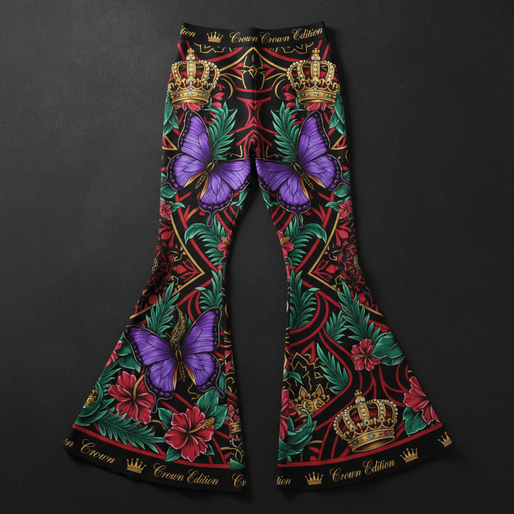 TITAN Crown Edition Tattoo Art Women's Lounge Flare Pants - bold colorful tattoo artwork on matte black fabric