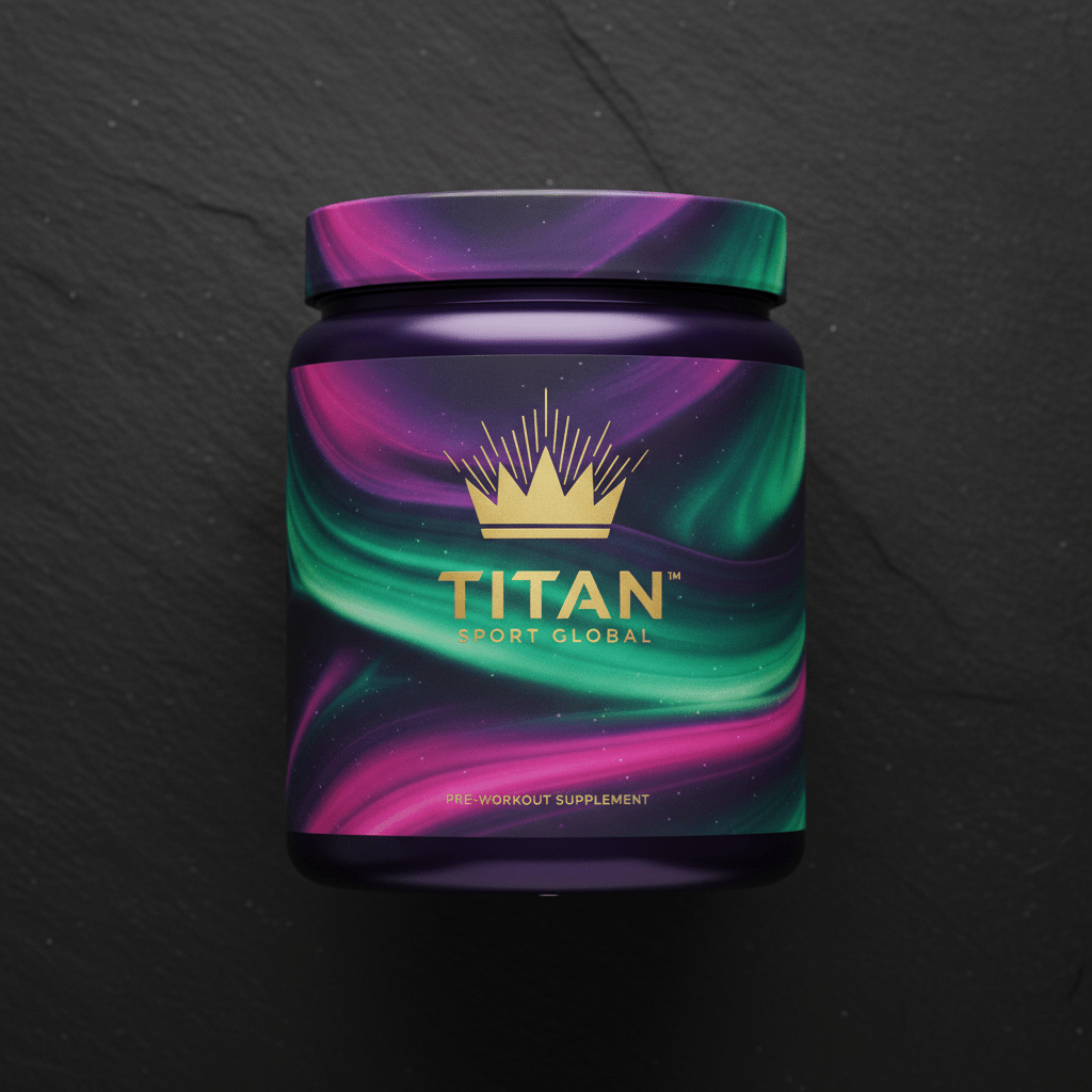 TITAN Pre-Workout Energy Formula Aurora Crown Edition tub flat lay