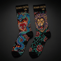 TITAN Crown Edition Tattoo Art Athletic Crew Socks — bold colorful tattoo artwork on matte black fabric