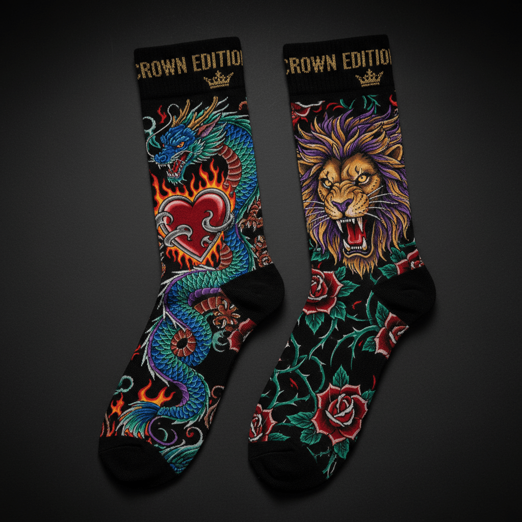TITAN Crown Edition Tattoo Art Athletic Crew Socks — bold colorful tattoo artwork on matte black fabric