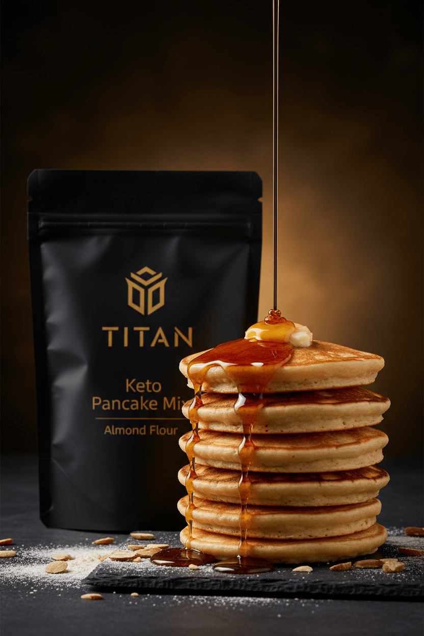 TITAN Keto Pancake Mix Almond Flour — dramatic syrup pour shot with tall golden pancake stack, maple syrup cascade and melting butter