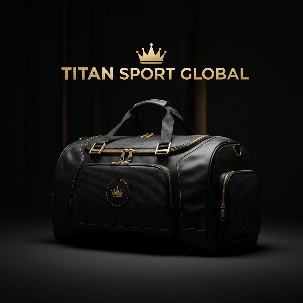 TITAN SPORT GLOBAL branded soccer kit bag on dark background with gold accents