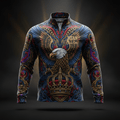 TITAN Men's Quarter-Zip Pullover with eagle, crown and tribal tattoo-style Crown Edition artwork in royal blue, crimson and gold on matte black performance fabric