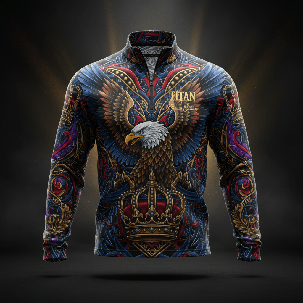TITAN Men's Quarter-Zip Pullover with eagle, crown and tribal tattoo-style Crown Edition artwork in royal blue, crimson and gold on matte black performance fabric