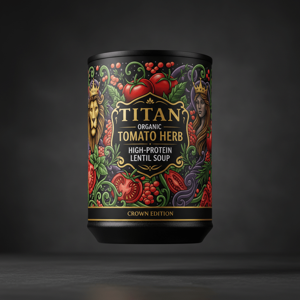 TITAN Organic High-Protein Lentil Soup Tomato Herb — Crown Edition tattoo-style artwork