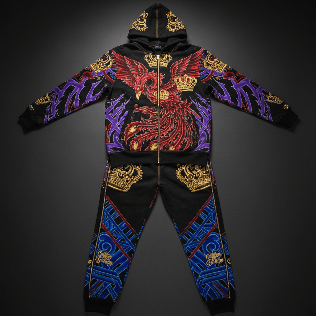 TITAN Crown Edition Tattoo Art Men's Lounge Jogger Set - bold colorful tattoo artwork on matte black fleece
