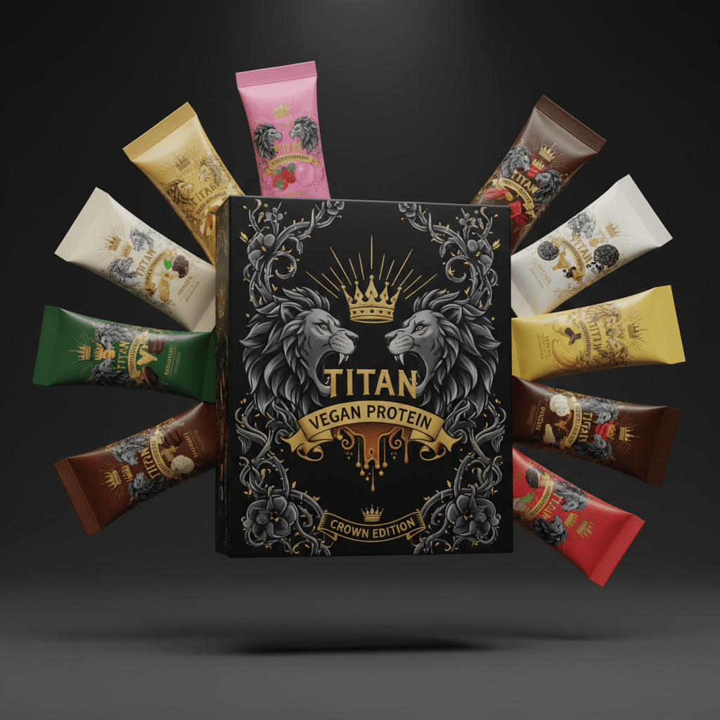 TITAN Vegan Protein Powder Sample Pack — 10 Flavors, Crown Edition tattoo-style artwork
