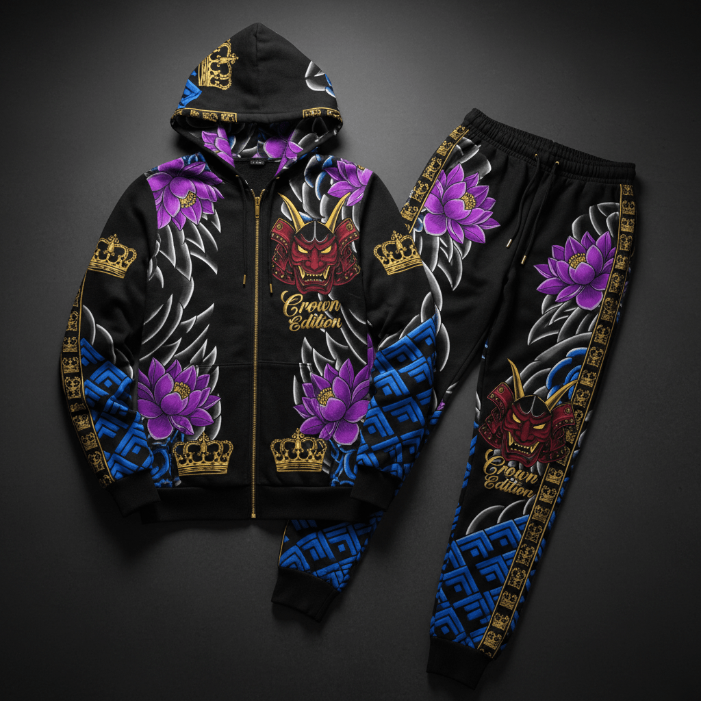 TITAN Crown Edition Tattoo Art Men's Lounge Jogger Set - bold samurai lotus tattoo artwork on matte black fleece