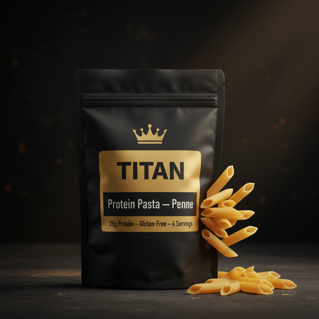TITAN Protein Pasta Penne — Matte black bag with gold crown logo and chickpea penne pasta