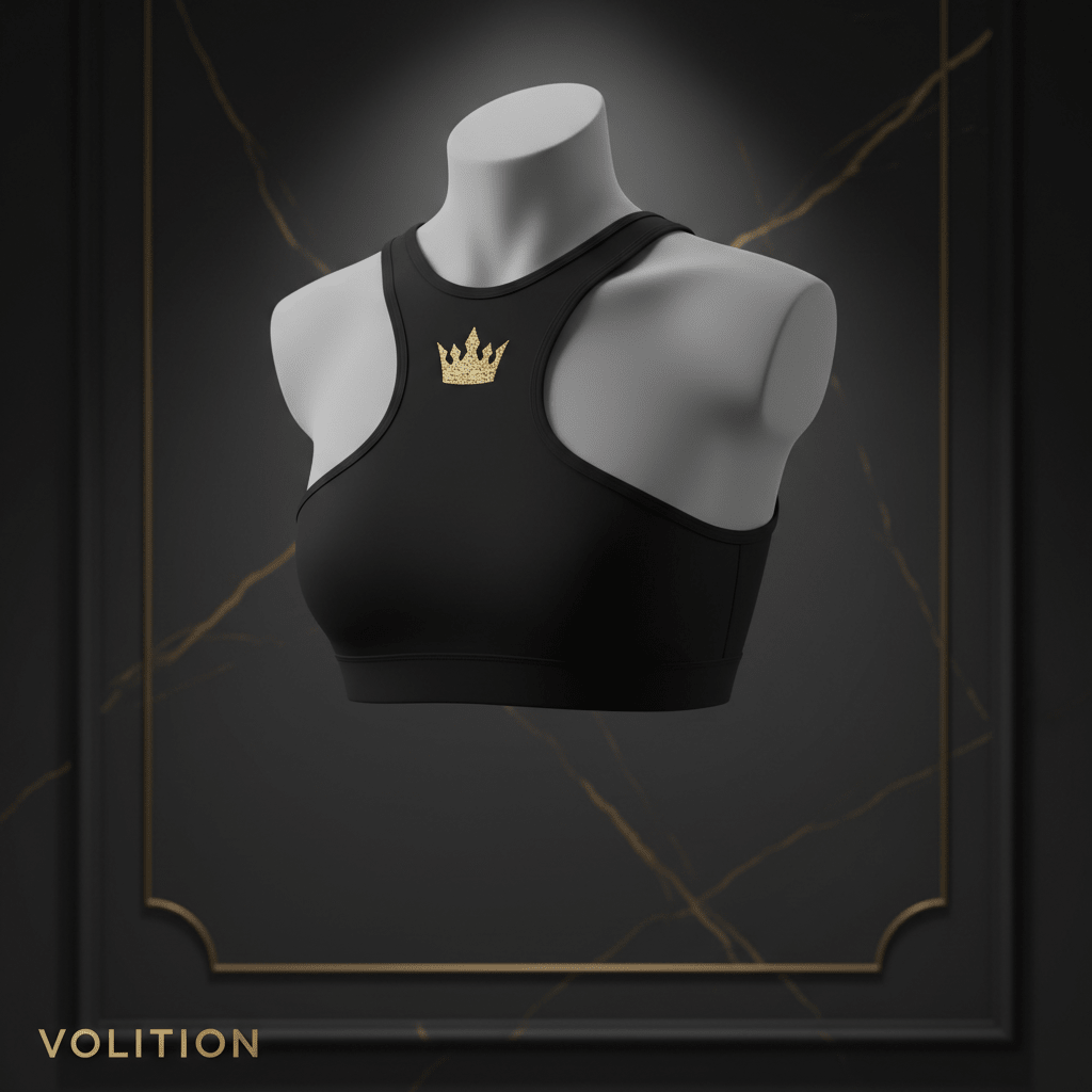 TITAN Volleyball Sports Bra Crown Edition matte black gold crown logo racerback high-impact compression ghost mannequin
