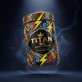 TITAN B12 Energy Capsules container with lightning bolts, energy waves and crown tattoo-style Crown Edition artwork in electric yellow, royal blue and gold