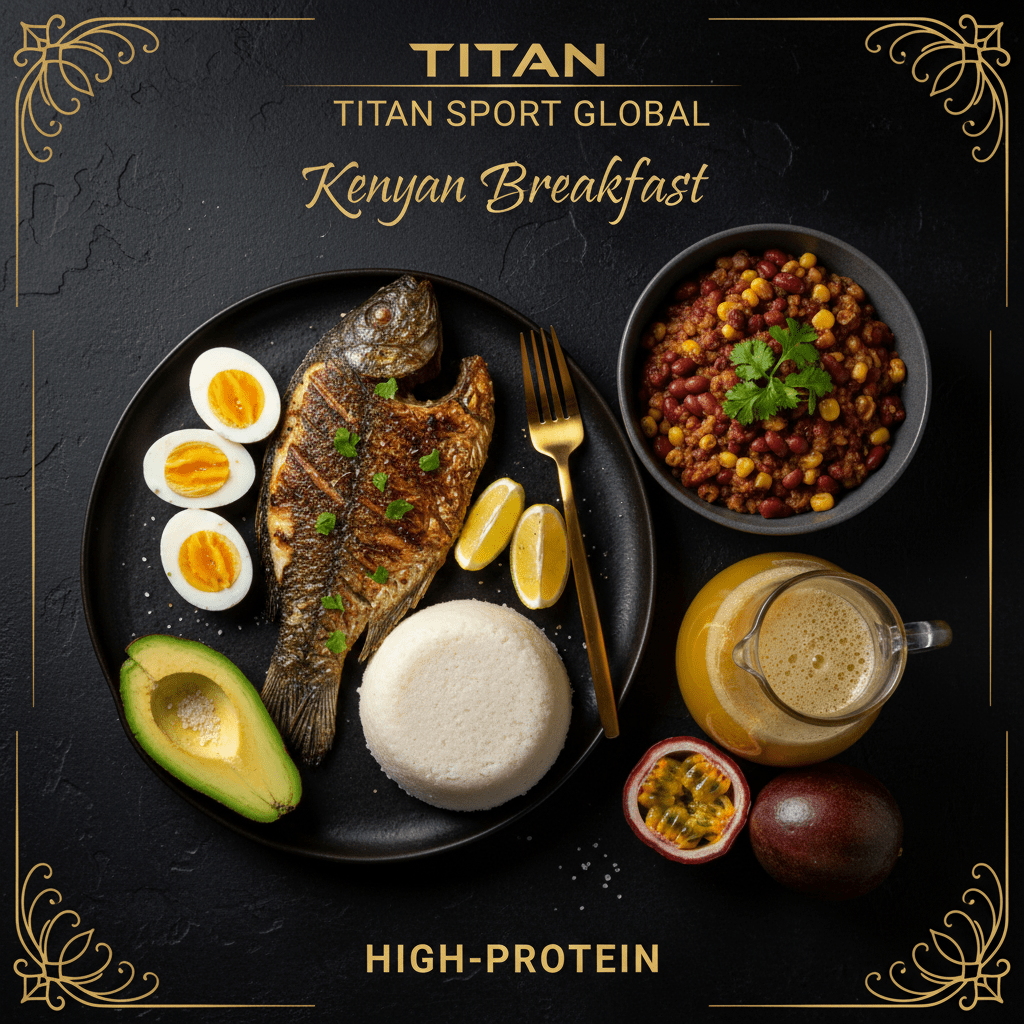 TITAN Kenyan Tilapia Githeri Power Breakfast meal kit flat lay dark luxury