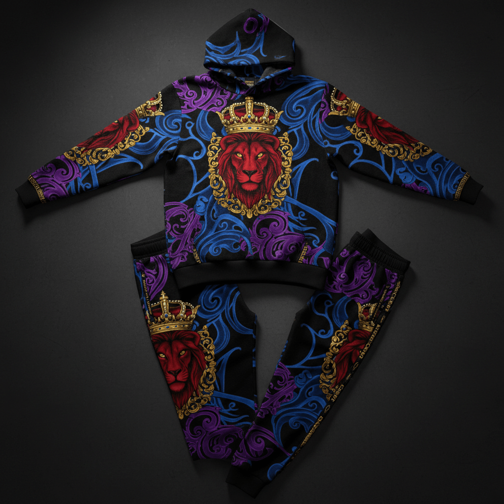 TITAN Crown Edition Tattoo Art Men's Lounge Matching Set - bold lion wave tattoo artwork on matte black fleece