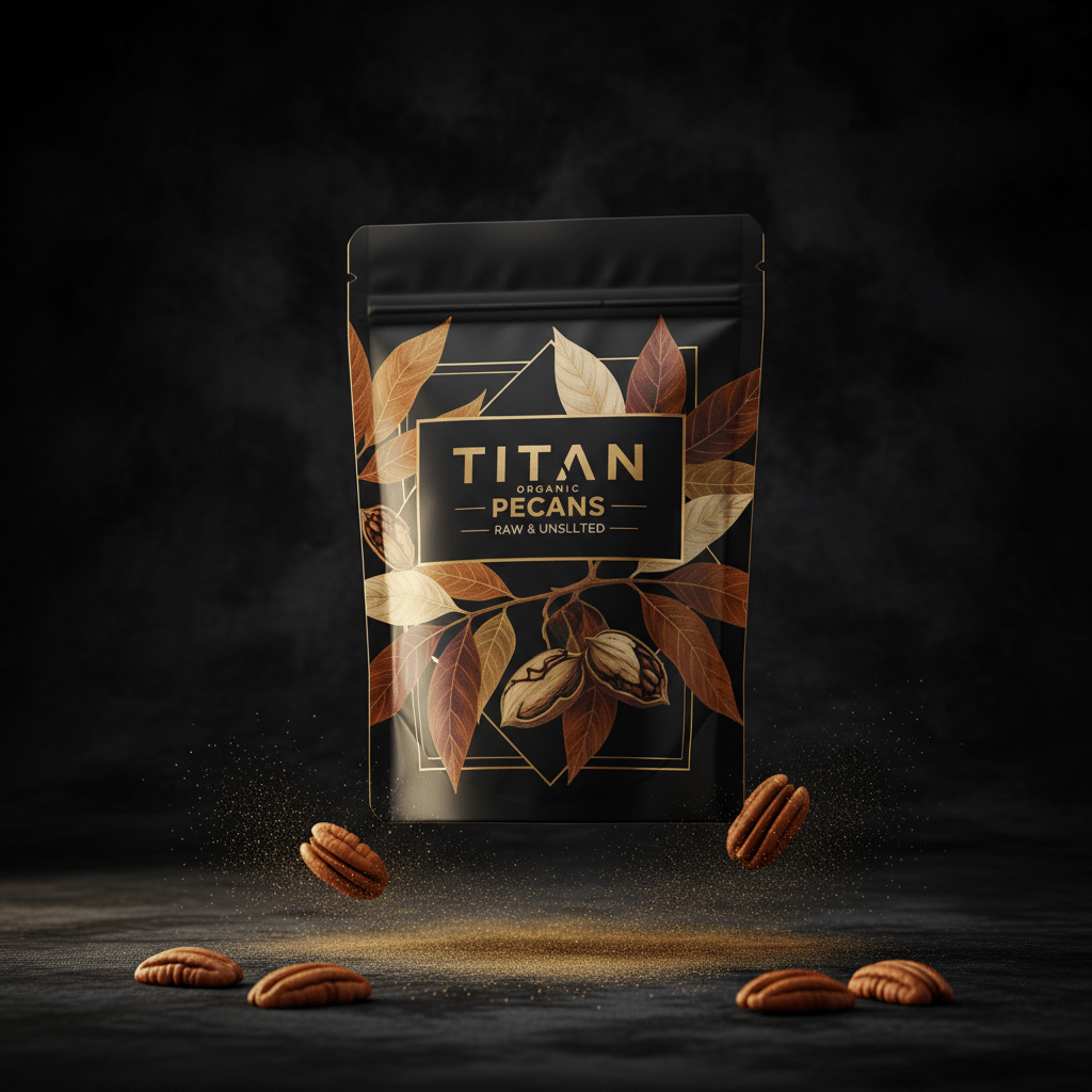 TITAN Organic Pecans Raw & Unsalted — ultra-premium luxury editorial product shot