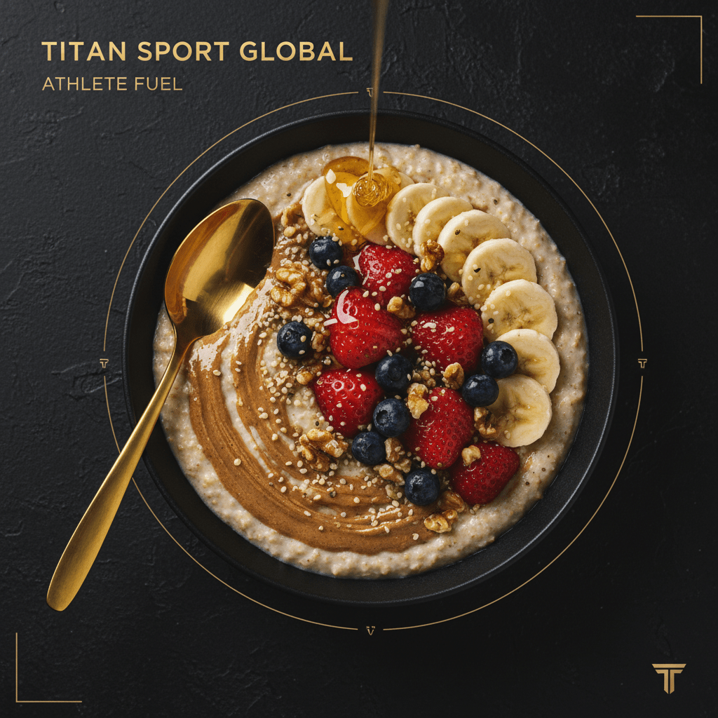 TITAN Crown Power Oatmeal Protein Bowl flat lay dark luxury