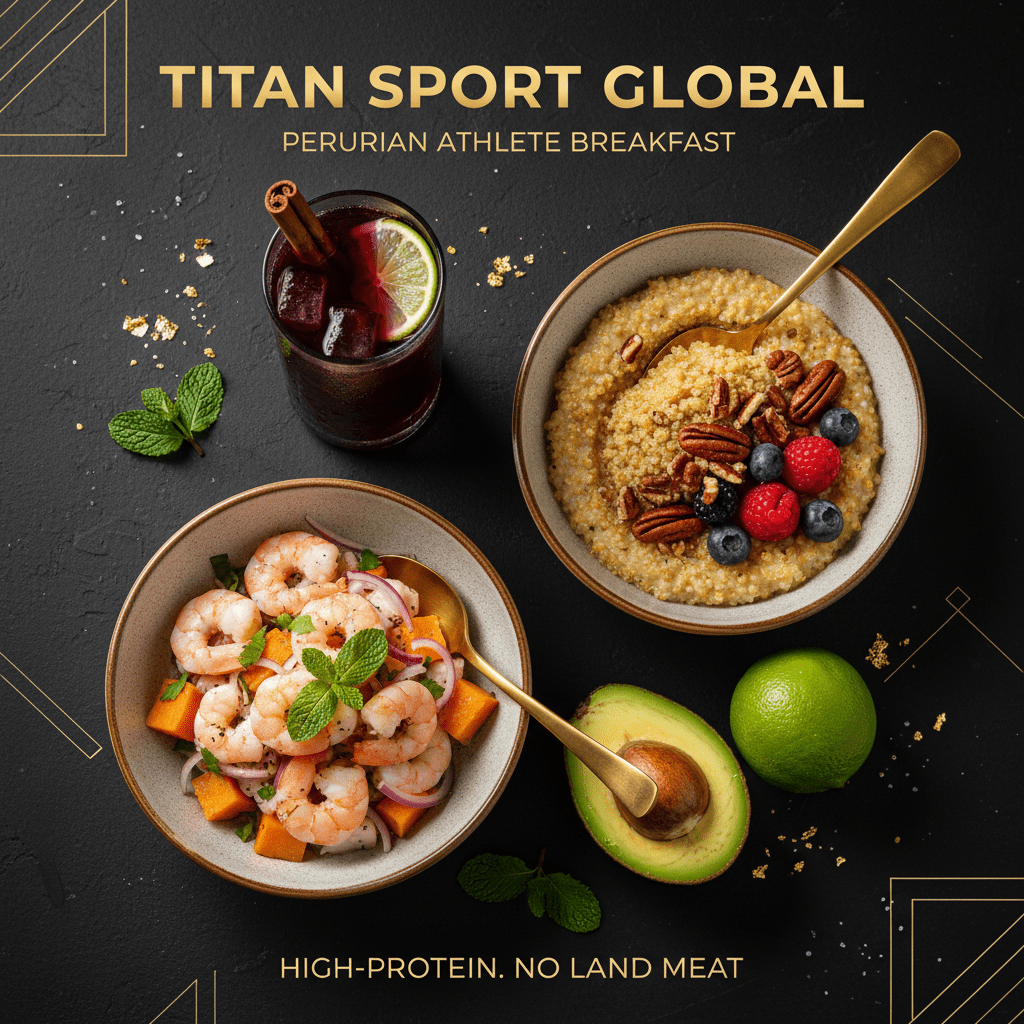 TITAN Peruvian Shrimp Ceviche Power Breakfast meal kit flat lay dark luxury