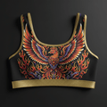 TITAN Crown Edition Women's Sports Bra — Phoenix Rising tattoo artwork on matte black fabric