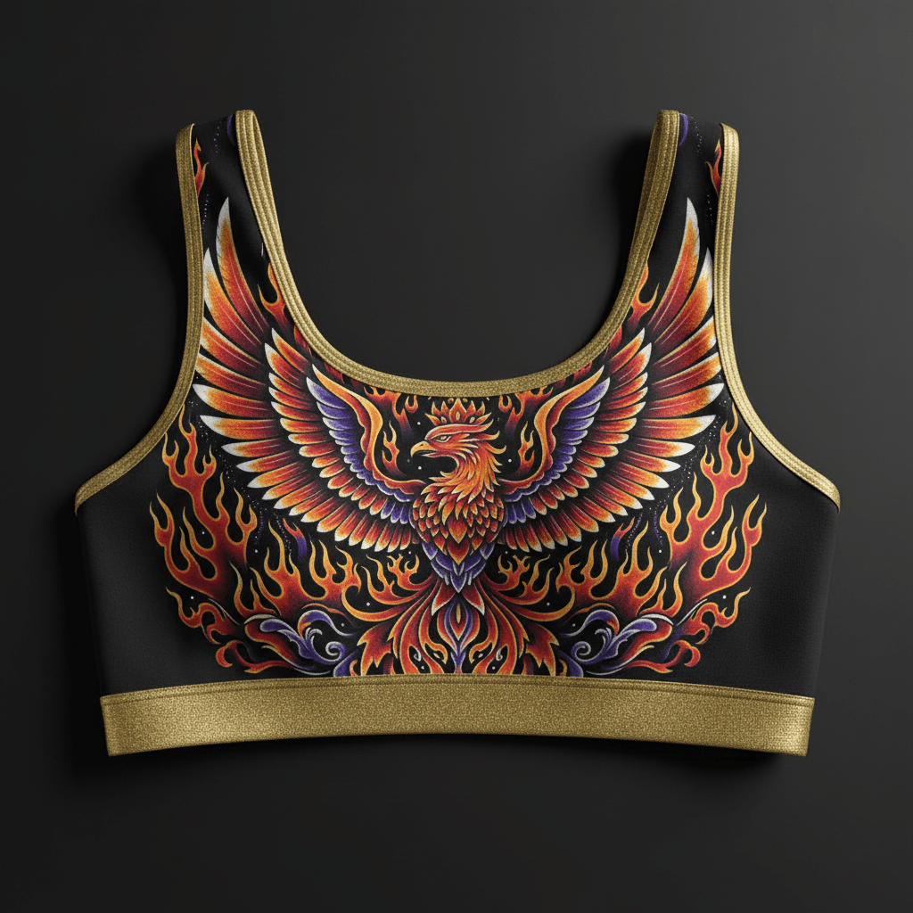 TITAN Crown Edition Women's Sports Bra — Phoenix Rising tattoo artwork on matte black fabric
