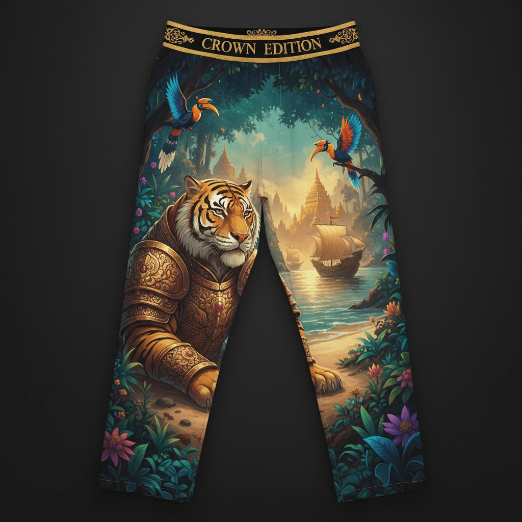 TITAN Srivijaya Tiger Men's Lounge Pants Crown Edition — tiger in Srivijaya armor anime art on matte black