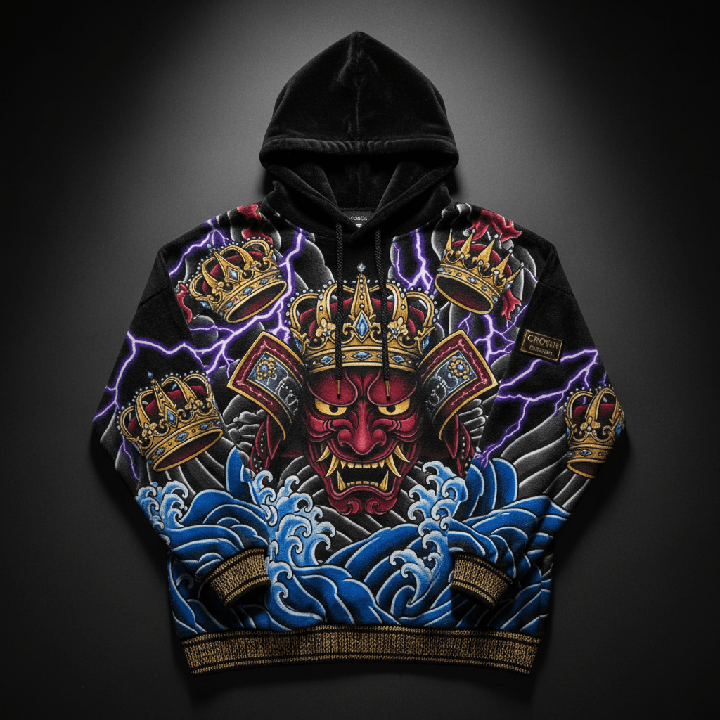 TITAN Crown Edition Tattoo Art Men's Oversized Lounge Hoodie - bold colorful tattoo artwork on matte black fleece