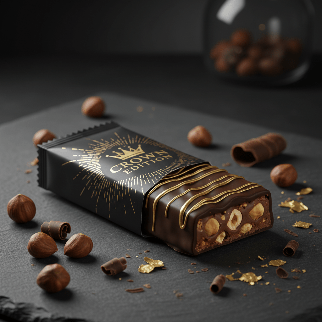 Crown Hazelnut Praline Dark Chocolate Protein Bar — Crown Edition matte black packaging
