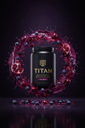 TITAN Antioxidant Protein Blend Wild Berry — vibrant berry explosion canister with blueberries, pomegranate, acai and tart cherries bursting outward