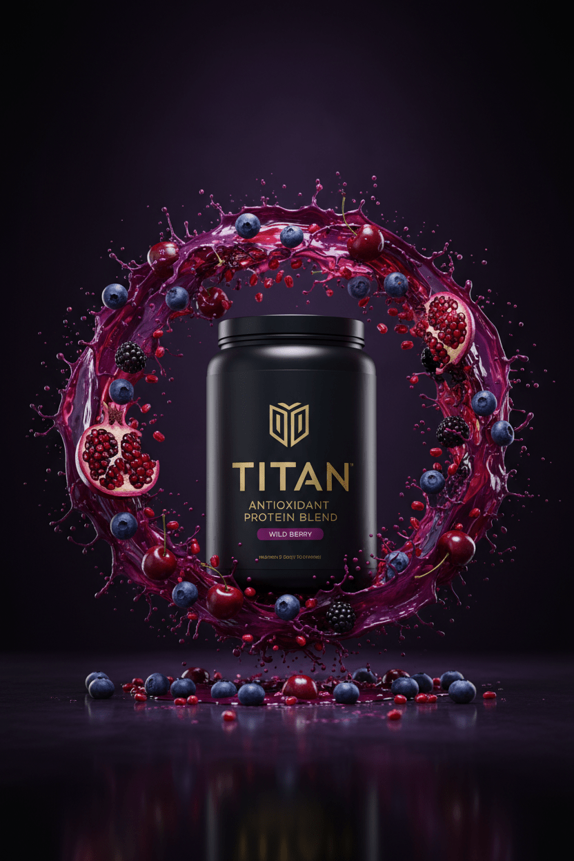 TITAN Antioxidant Protein Blend Wild Berry — vibrant berry explosion canister with blueberries, pomegranate, acai and tart cherries bursting outward