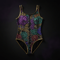 TITAN Crown Edition Women's One-Piece Swimsuit — bold tattoo artwork in jewel tones on matte black fabric