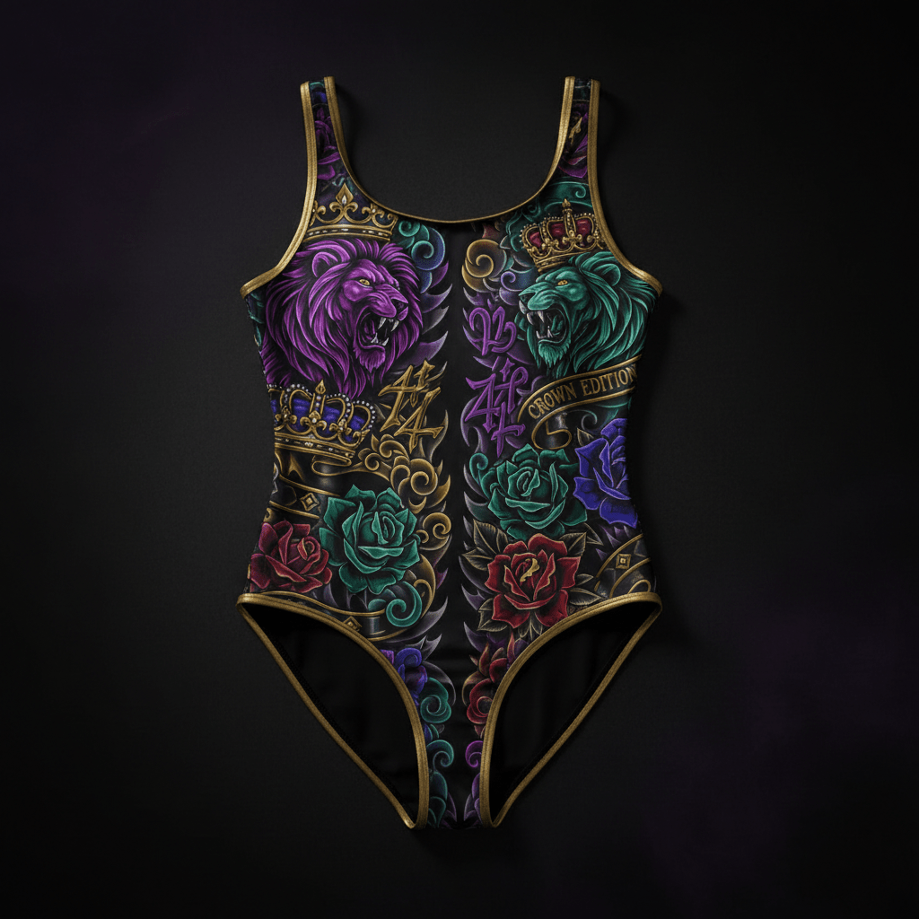 TITAN Crown Edition Women's One-Piece Swimsuit — bold tattoo artwork in jewel tones on matte black fabric