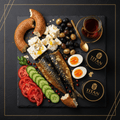 TITAN Turkish Smoked Mackerel Mezze Breakfast Spread flat lay dark luxury