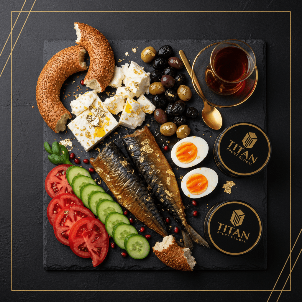 TITAN Turkish Smoked Mackerel Mezze Breakfast Spread flat lay dark luxury