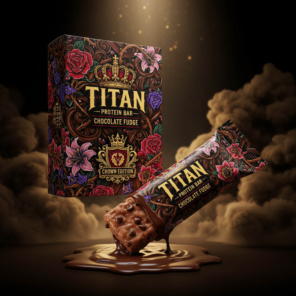 TITAN Protein Bar Chocolate Fudge box with chocolate swirl and crown tattoo-style Crown Edition artwork in crimson, gold and purple