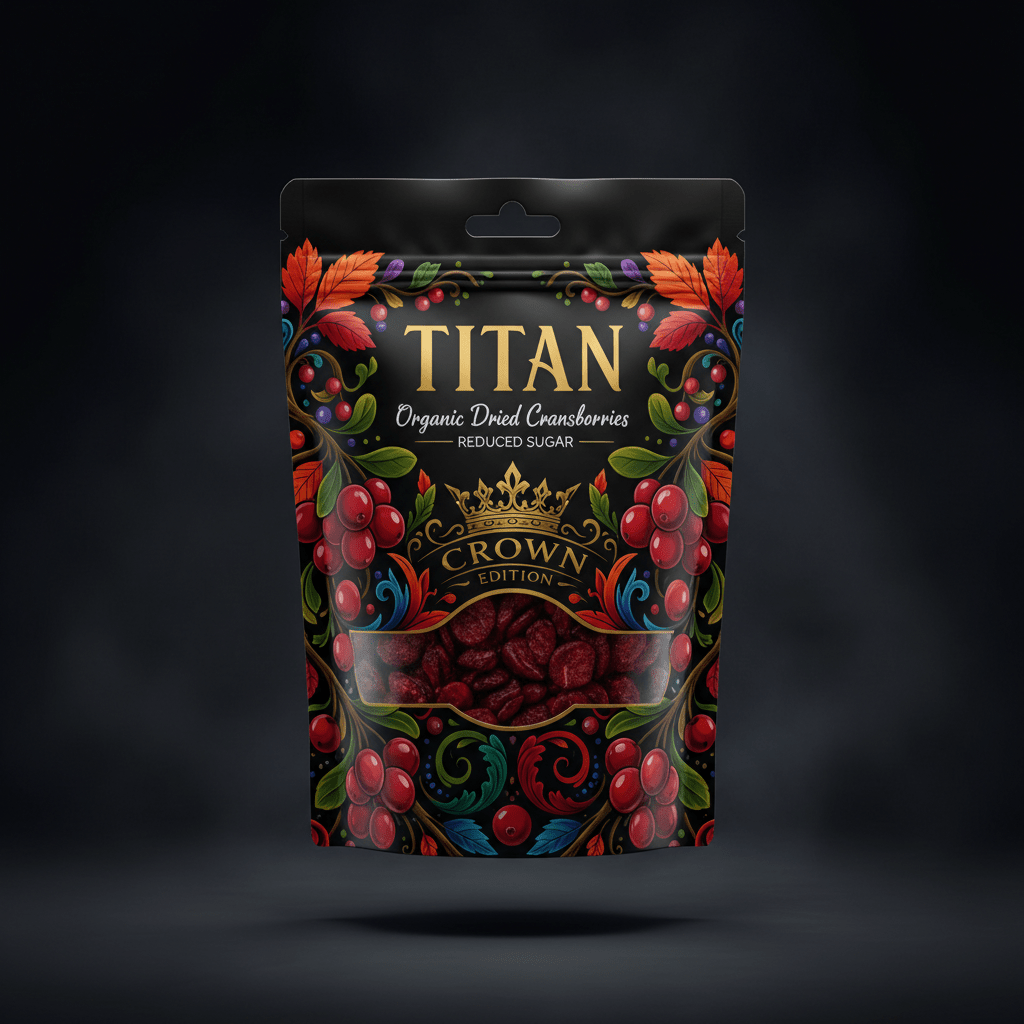 TITAN Organic Dried Cranberries — Reduced Sugar, Crown Edition tattoo-style artwork